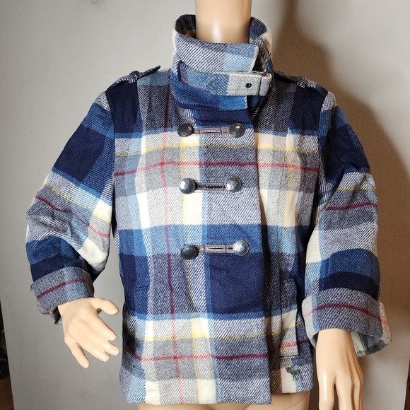 Abercrombie Wool Blend Crop Peacoat Blue Yellow Red Plaid Size Large Y2K - Picture 1 of 16